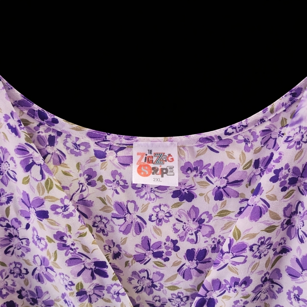 ZigZag Stripe | Purple Floral Ruffle Sleeve Babydoll Top | XXL - Picture 2 of 3